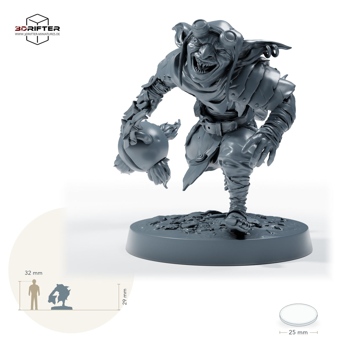 Goblin-Feuerträger – Standard (26_06_F9): Größenvergleich, ca. 29 mm Gesamthöhe inklusive Base und höchstem Teil, mit 32-mm-Referenzfigur.