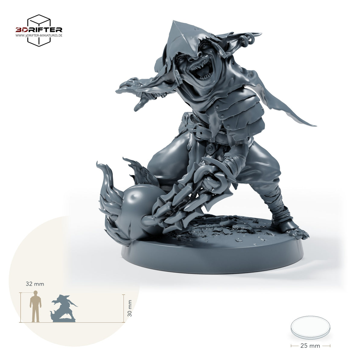 Goblin-Feuerträger – Standard (26_06_F10): Größenvergleich, ca. 30 mm Gesamthöhe inklusive Base und höchstem Teil, mit 32-mm-Referenzfigur.