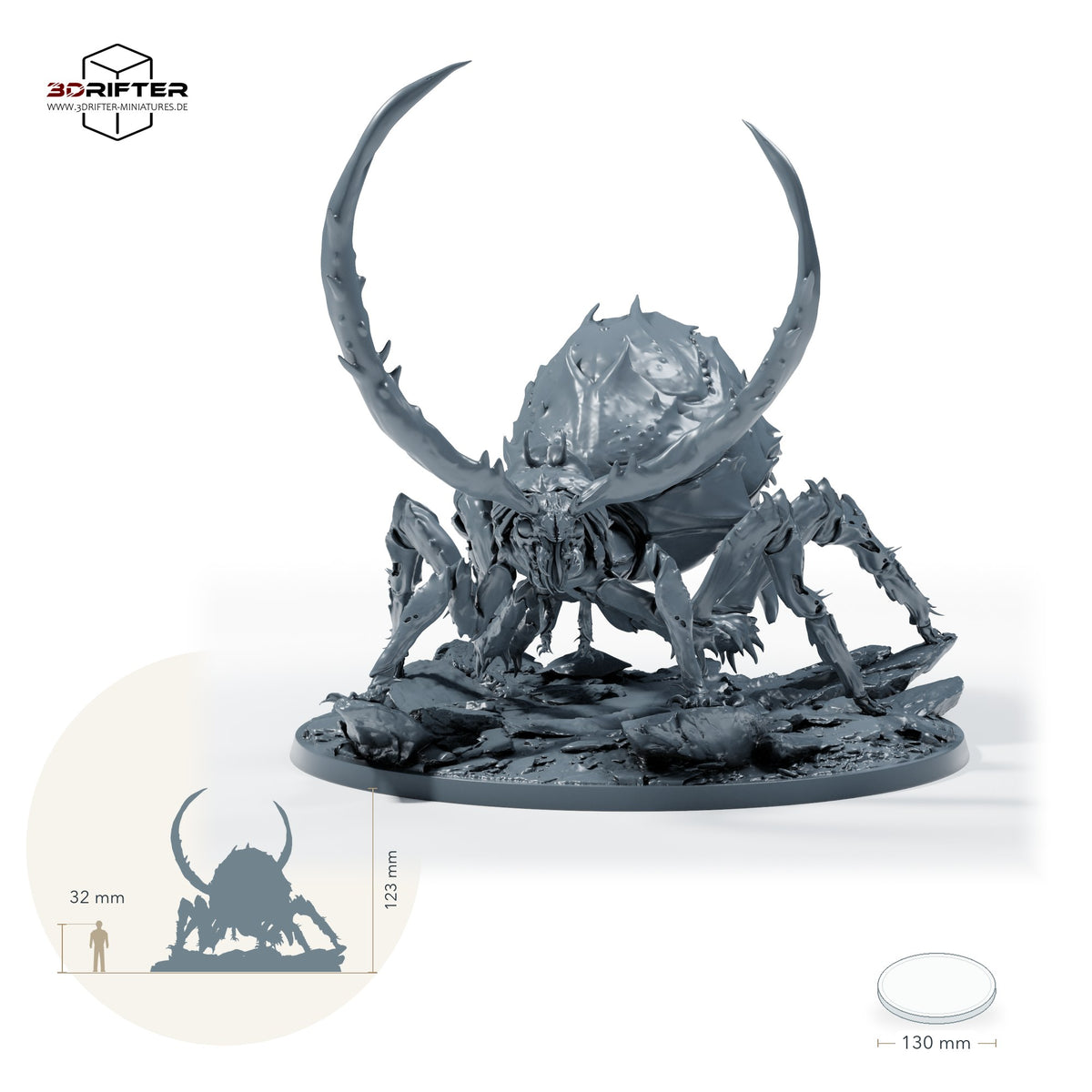 Goblin-Belagerungsbestie – Unberitten: Größenvergleich, ca. 123 mm Gesamthöhe inklusive Base und höchstem Teil, mit 32-mm-Referenzfigur.