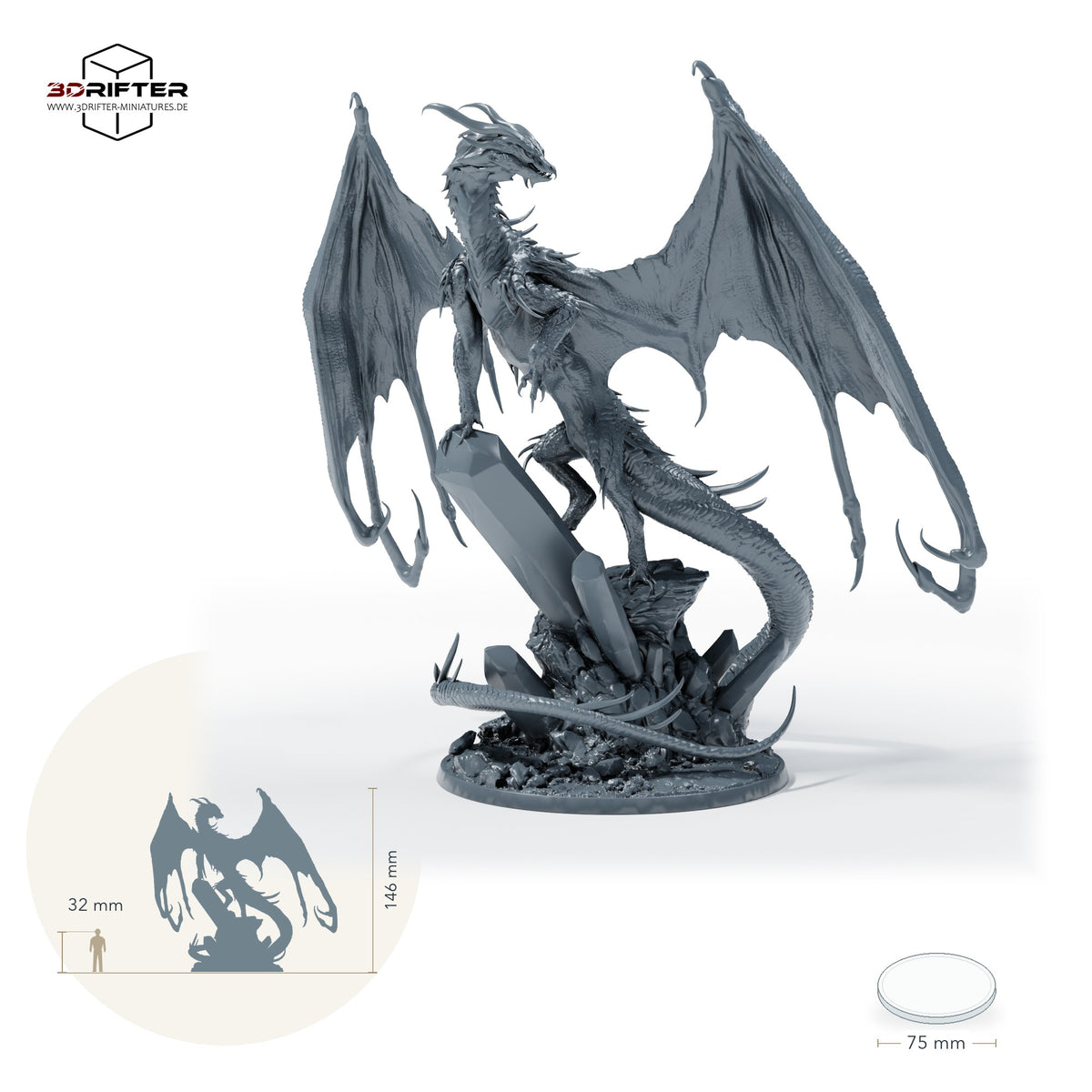 Ausgewachsener Smaragddrache mit ausgebreiteten Flügeln auf Kristallfels-Base, Tabletop Drachenminiatur: Größenvergleich, ca. 146 mm Gesamthöhe inklusive Base und höchstem Teil, mit 32-mm-Referenzfigur.