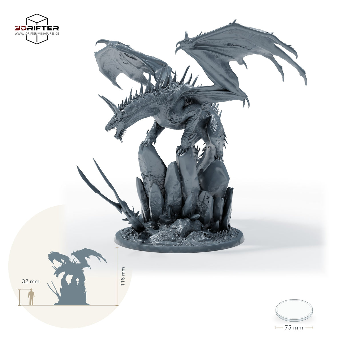 Ausgewachsener Fangdrache, gehörntes Drachenmonster mit ausgebreiteten Flügeln und Felsenbase – Ohne Ruestung: Größenvergleich, ca. 118 mm Gesamthöhe inklusive Base und höchstem Teil, mit 32-mm-Referenzfigur.