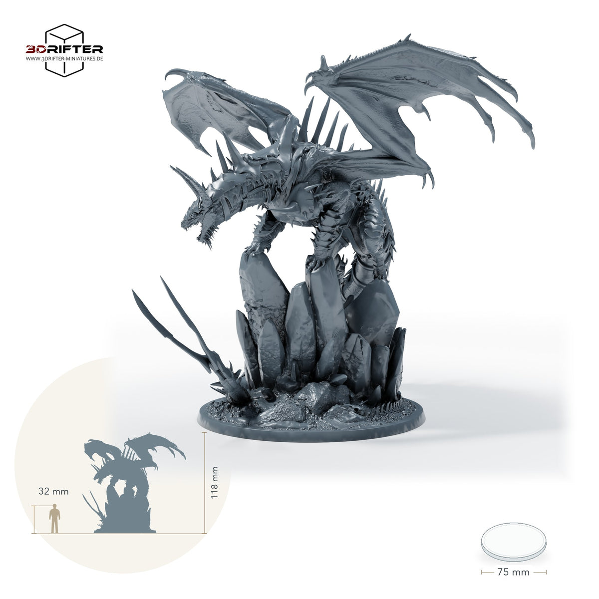 Ausgewachsener Fangdrache, gehörntes Drachenmonster mit ausgebreiteten Flügeln und Felsenbase – Mit Ruestung: Größenvergleich, ca. 118 mm Gesamthöhe inklusive Base und höchstem Teil, mit 32-mm-Referenzfigur.