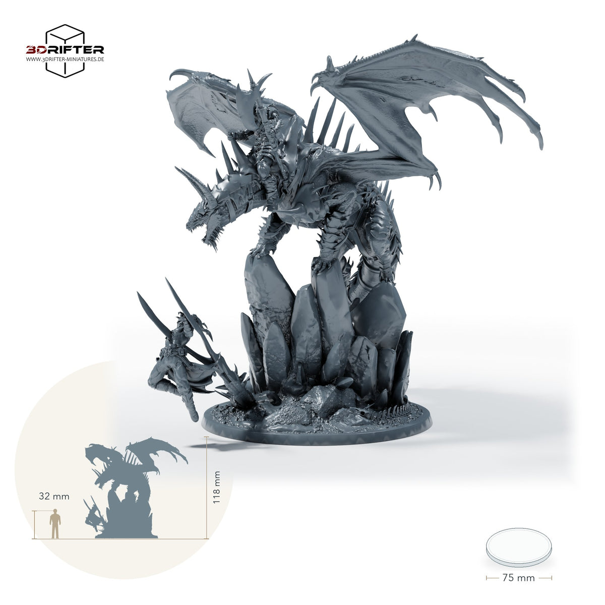 Ausgewachsener Fangdrache, gehörntes Drachenmonster mit ausgebreiteten Flügeln und Felsenbase – Mit Reiter und Schwanzopfer: Größenvergleich, ca. 118 mm Gesamthöhe inklusive Base und höchstem Teil, mit 32-mm-Referenzfigur.