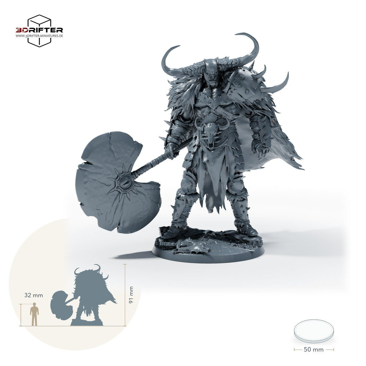 DreadTitan, gehörnter Berserker und Barbar mit Streitaxt, Rüstung und Hörnern: Größenvergleich, ca. 91 mm Gesamthöhe inklusive Base und höchstem Teil, mit 32-mm-Referenzfigur.