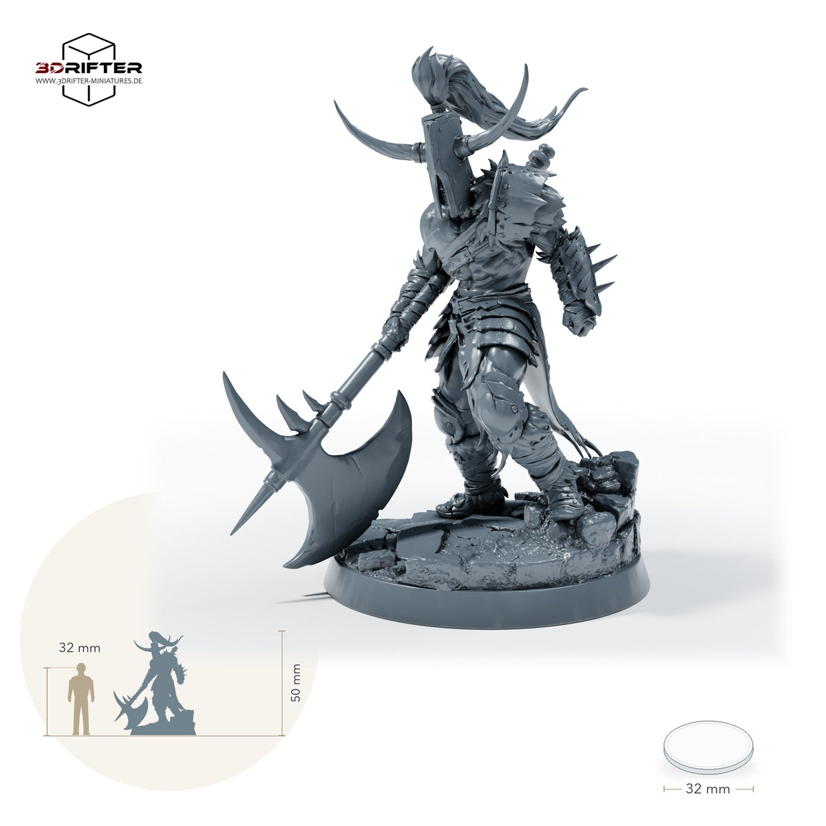 Gepanzerter Berserker mit Zweihandaxt und Hörnerhelm, Axtkrieger im Fellumhang – C: Größenvergleich, ca. 50 mm Gesamthöhe inklusive Base und höchstem Teil, mit 32-mm-Referenzfigur.