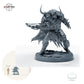 Doom Ravager Armbrustschütze, schwer gepanzerter Krieger mit Hörnerhelm und Armbrust – A: Größenvergleich, ca. 41 mm Gesamthöhe inklusive Base und höchstem Teil, mit 32-mm-Referenzfigur.