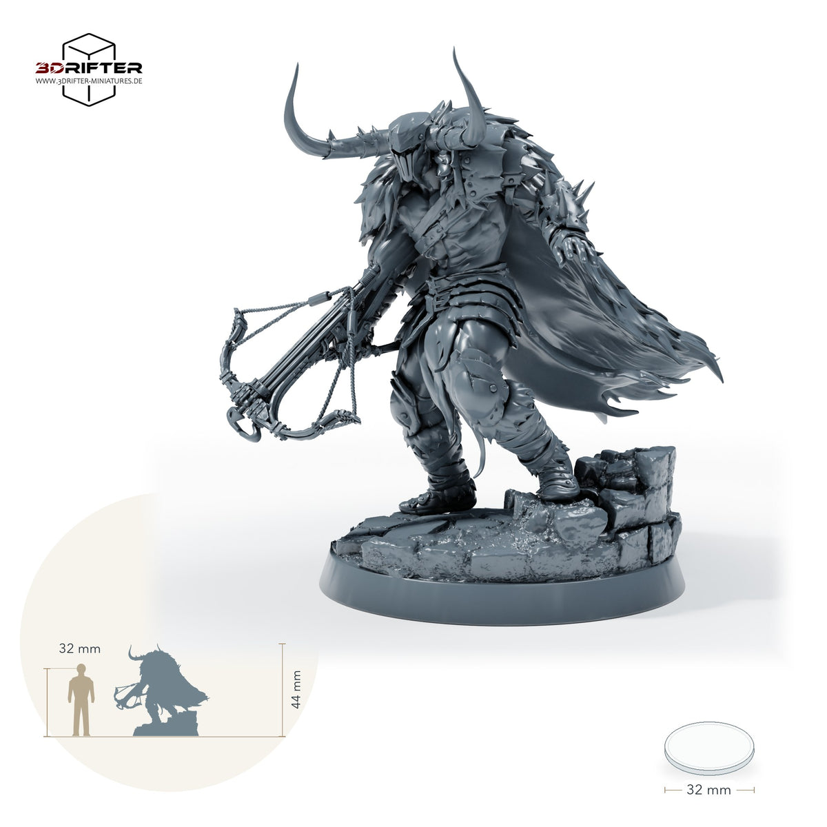 Doom Ravager Armbrustschütze, schwer gepanzerter Krieger mit Hörnerhelm und Armbrust – B: Größenvergleich, ca. 44 mm Gesamthöhe inklusive Base und höchstem Teil, mit 32-mm-Referenzfigur.