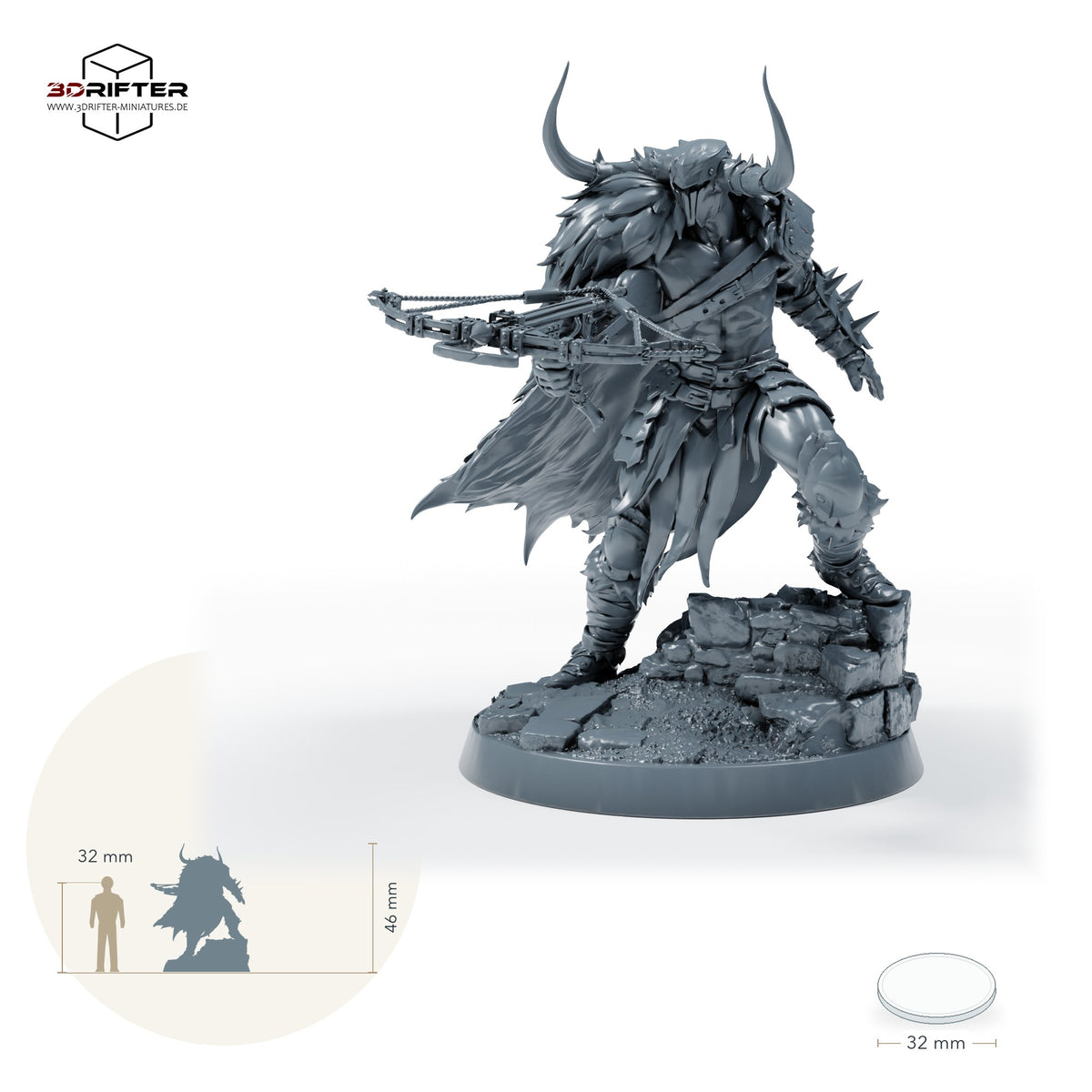 Doom Ravager Armbrustschütze, schwer gepanzerter Krieger mit Hörnerhelm und Armbrust – C: Größenvergleich, ca. 46 mm Gesamthöhe inklusive Base und höchstem Teil, mit 32-mm-Referenzfigur.