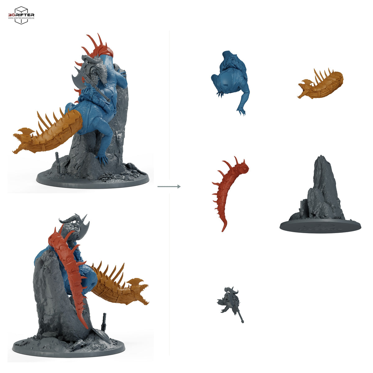 Gepanzerter Bestienreiter mit Streitaxt, Fantasy Kavallerist auf gepanzertem Reitmonster, Iron Scale Ravager – A: Bauteilübersicht mit Vorder- und Rückansicht sowie 5 farblich markierten Einzelteilen.