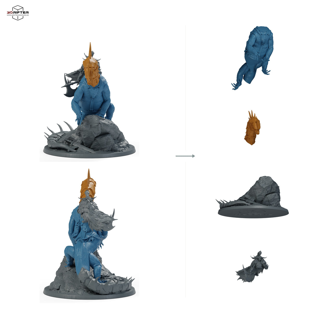 Gepanzerter Bestienreiter mit Streitaxt, Fantasy Kavallerist auf gepanzertem Reitmonster, Iron Scale Ravager – D: Bauteilübersicht mit Vorder- und Rückansicht sowie 4 farblich markierten Einzelteilen.
