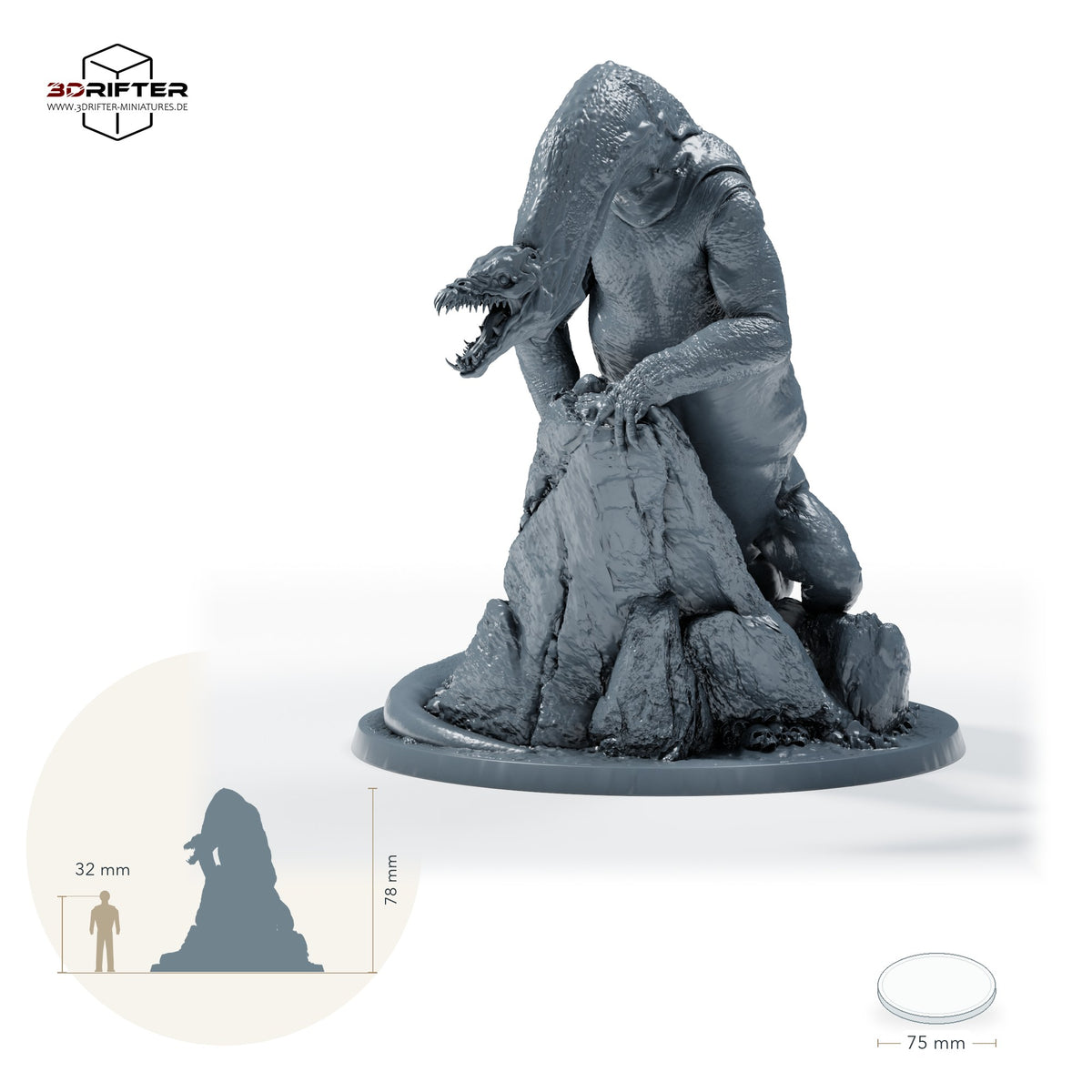 Iron Scale Ravager, unberittene Schuppenbestie mit Klauen und Reißzähnen, lauernd auf Felsbase – B: Größenvergleich, ca. 78 mm Gesamthöhe inklusive Base und höchstem Teil, mit 32-mm-Referenzfigur.