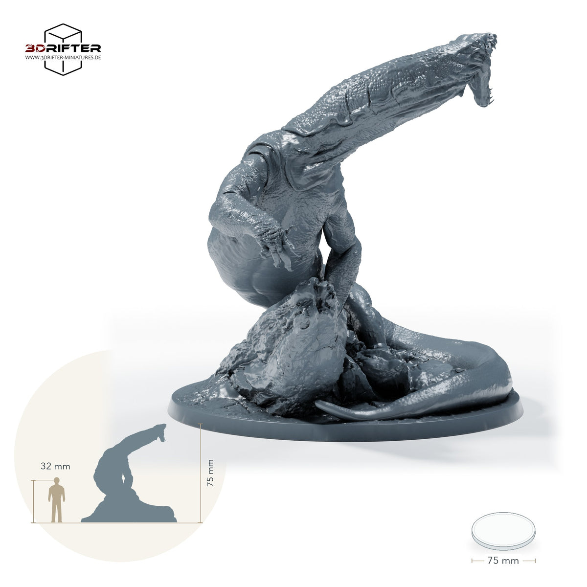 Iron Scale Ravager, unberittene Schuppenbestie mit Klauen und Reißzähnen, lauernd auf Felsbase – C: Größenvergleich, ca. 75 mm Gesamthöhe inklusive Base und höchstem Teil, mit 32-mm-Referenzfigur.