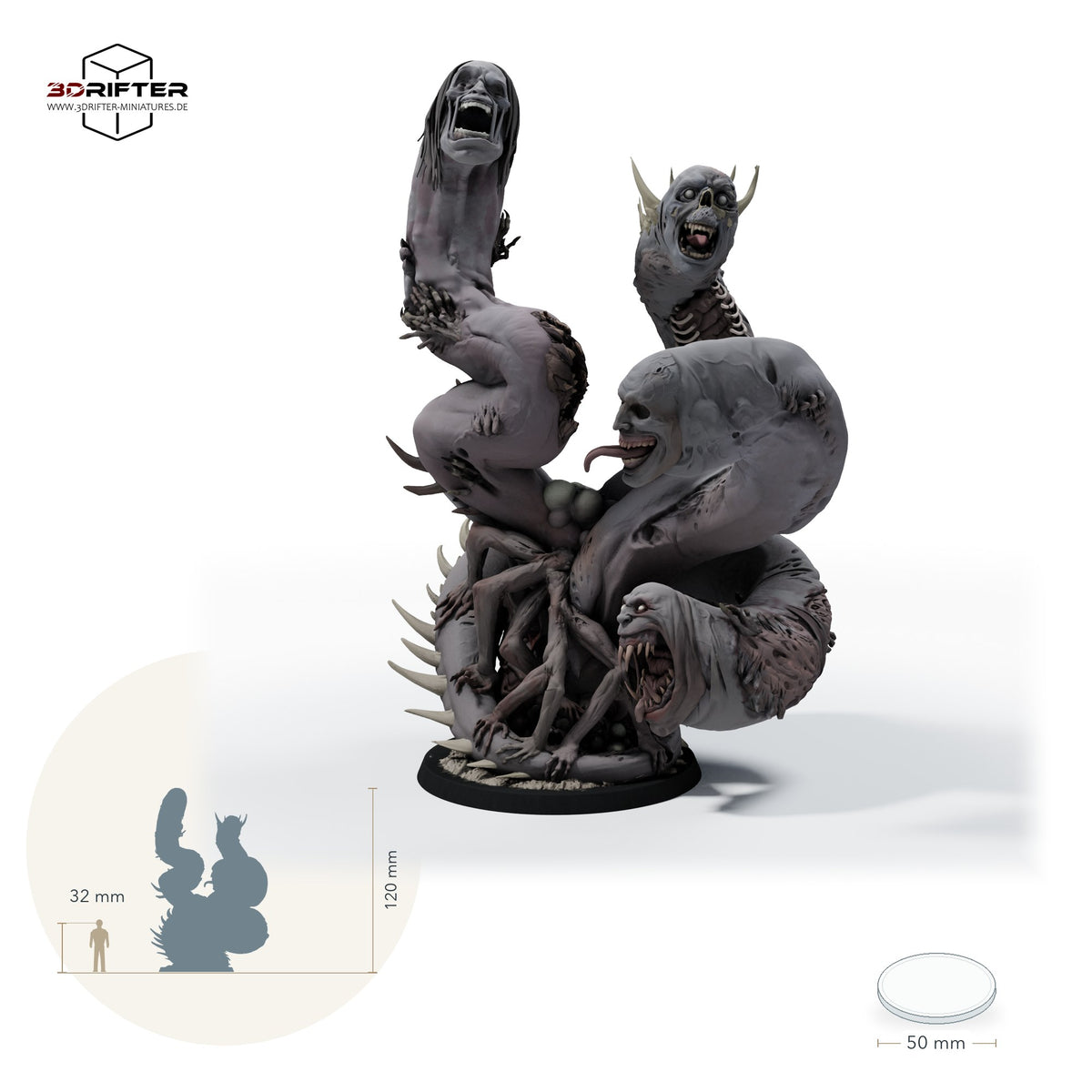 False Hydra 50mm, vielköpfiges Schlangen-Monster: Größenvergleich, ca. 120 mm Gesamthöhe inklusive Base und höchstem Teil, mit 32-mm-Referenzfigur.