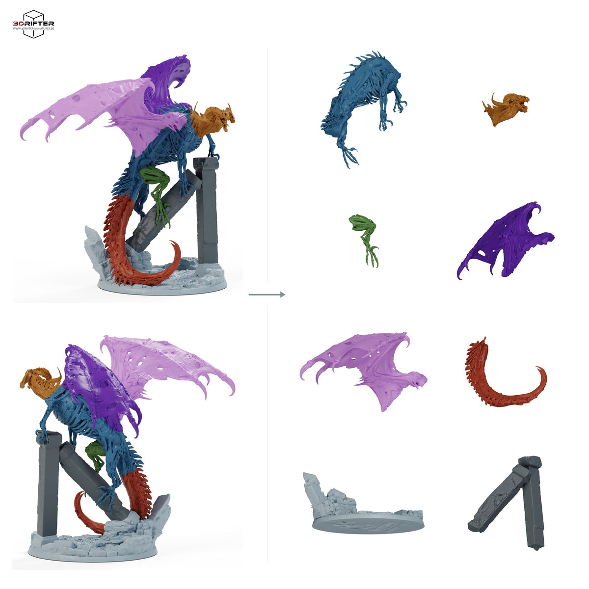 Roter Dracolich – unberitten – fünf Posen – E2 – Schrei: Bauteilübersicht mit Vorder- und Rückansicht sowie 8 farblich markierten Einzelteilen.