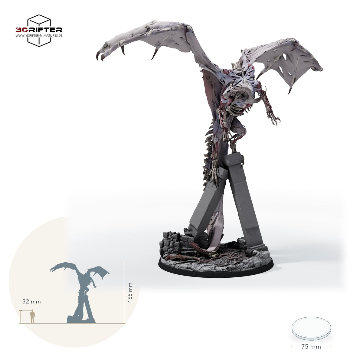 Roter Dracolich – unberitten – fünf Posen – E5 – Stehend: Größenvergleich, ca. 155 mm Gesamthöhe inklusive Base und höchstem Teil, mit 32-mm-Referenzfigur.