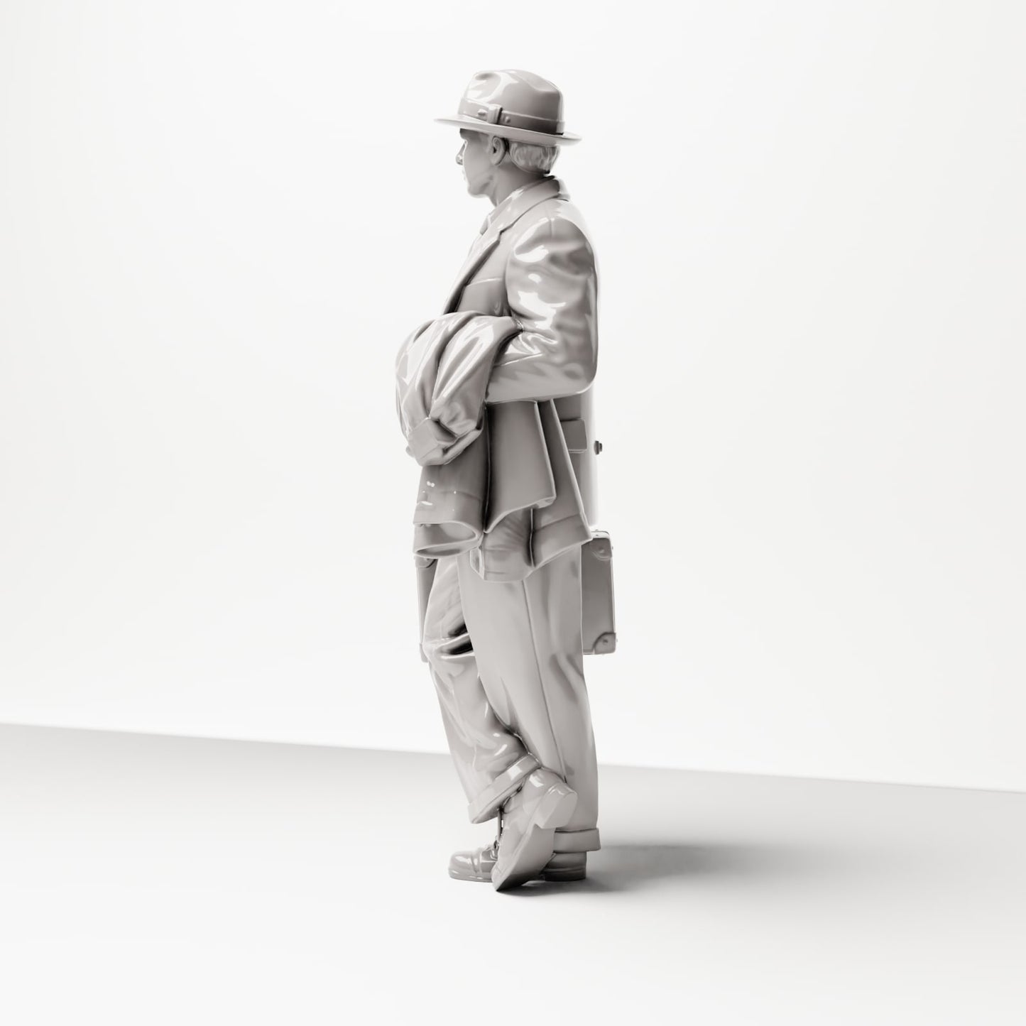 Diorama modelbouw productfoto 1: Historische figuur: Jonge reiziger in een tweed pak met hoed, koffer, mantel over de arm (sc03)