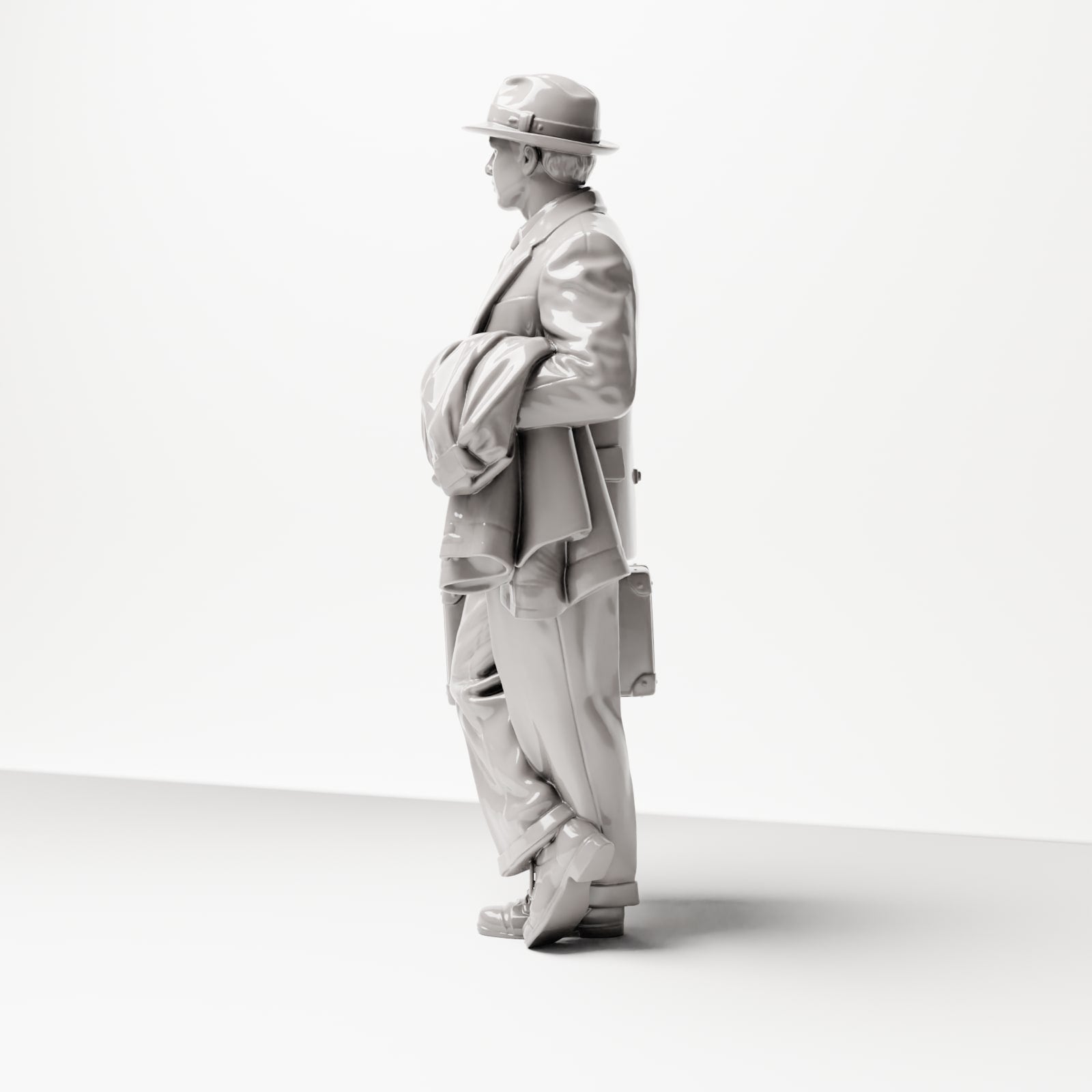 Diorama modelbouw productfoto 1: Historische figuur: Jonge reiziger in een tweed pak met hoed, koffer, mantel over de arm (sc03)
