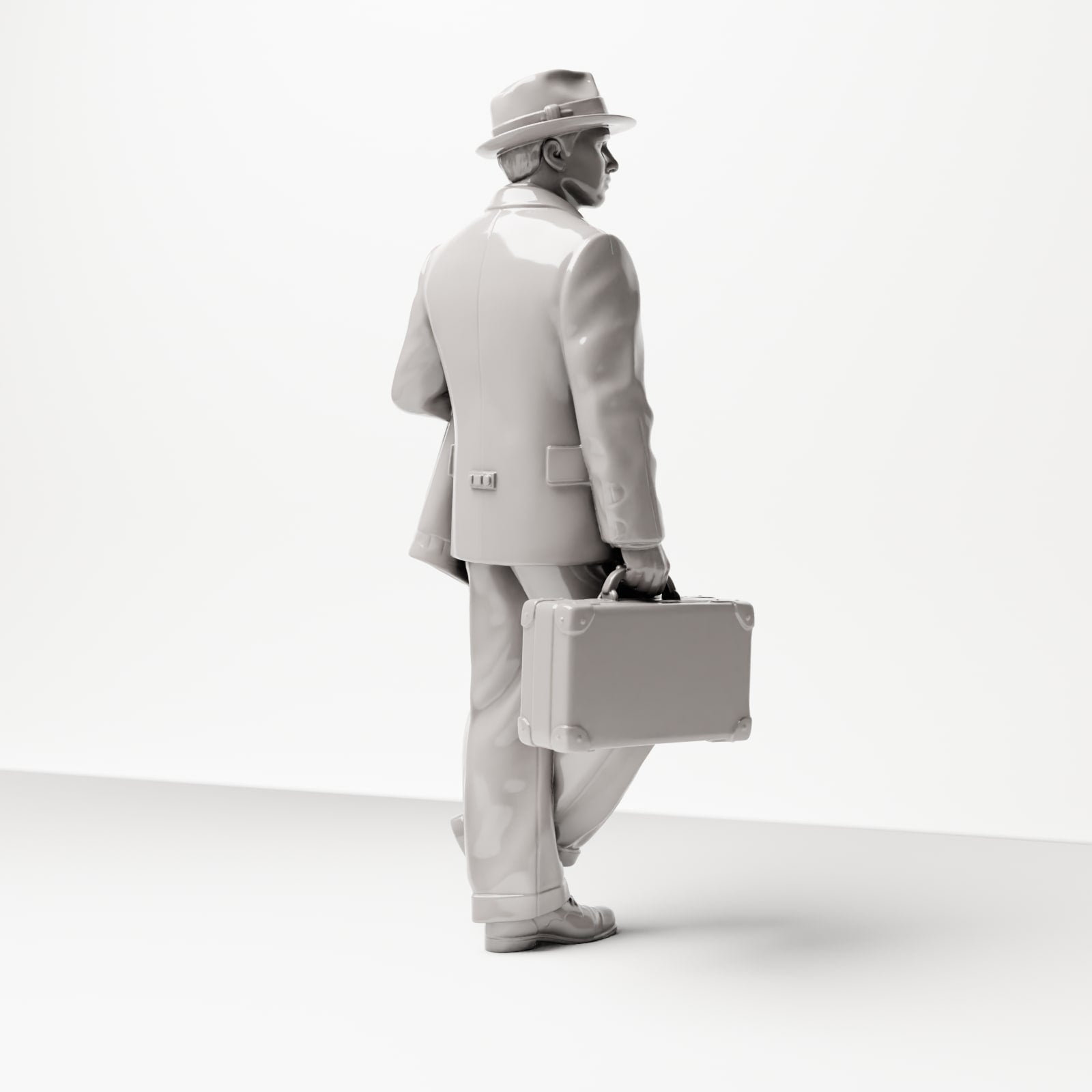 Diorama modelbouw productfoto 3: Historische figuur: Jonge reiziger in een tweedpak met hoed, koffer, mantel over de arm (sc03)