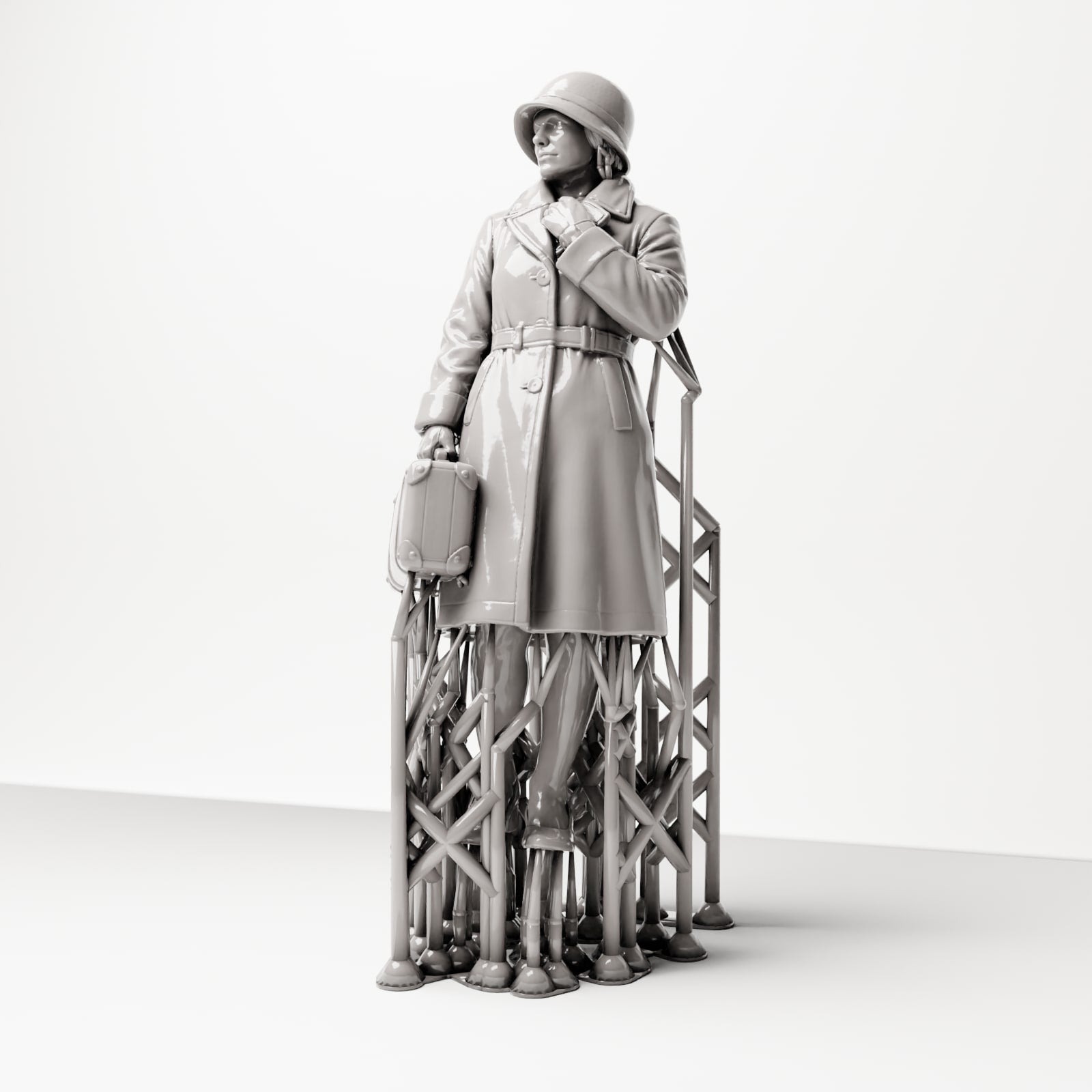 Scenework Zusatzbild 06: Stehende Figur: Reisende Frau am Bahnsteig, Ende der 1920er, Mantel, Hut, kleiner Koffer (sc04)