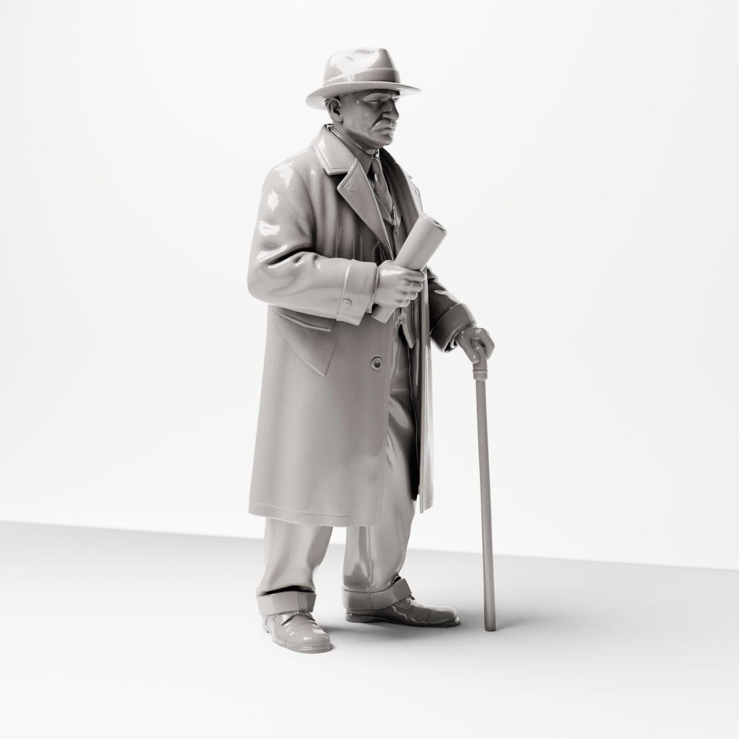 Diorama modelbouw productfoto 4: Historisch diorama figuur: Oudere heer met krant en wandelstok (jaren 1920-1930) (sc06)