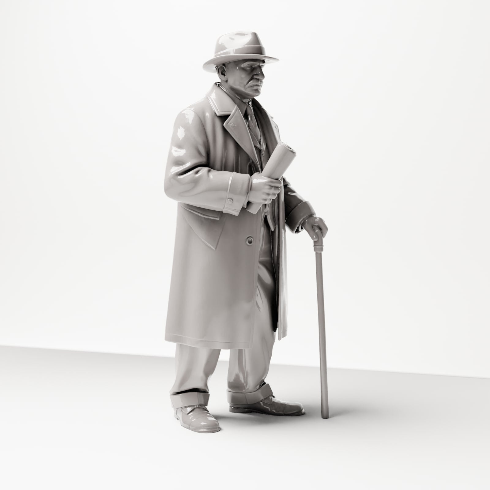Diorama modelbouw productfoto 4: Historisch diorama figuur: Oudere heer met krant en wandelstok (jaren 1920-1930) (sc06)