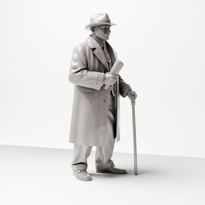 Diorama modelbouw productfoto 4: Historisch diorama figuur: Oudere heer met krant en wandelstok (jaren 1920-1930) (sc06)