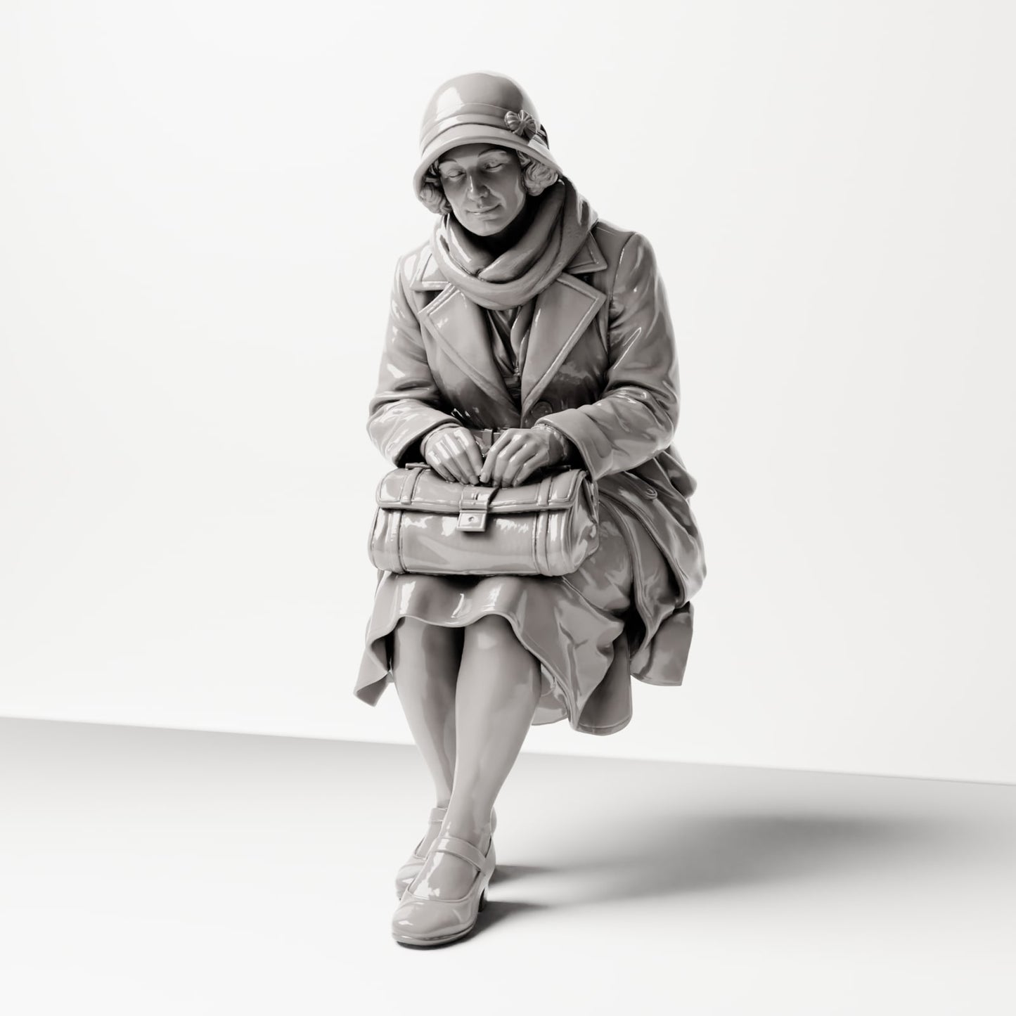 Diorama modelbouw productfoto 0: Zittende figuur: Vrouw zittend op bankrand met handtas, jaren 1920-1930, wachtzaal, station (sc08)