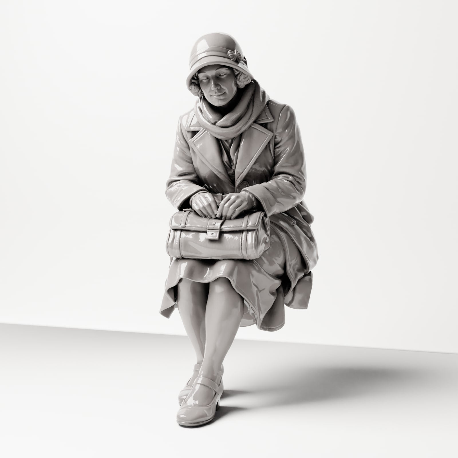 Diorama modelbouw productfoto 0: Zittende figuur: Vrouw zittend op bankrand met handtas, jaren 1920-1930, wachtzaal, station (sc08)