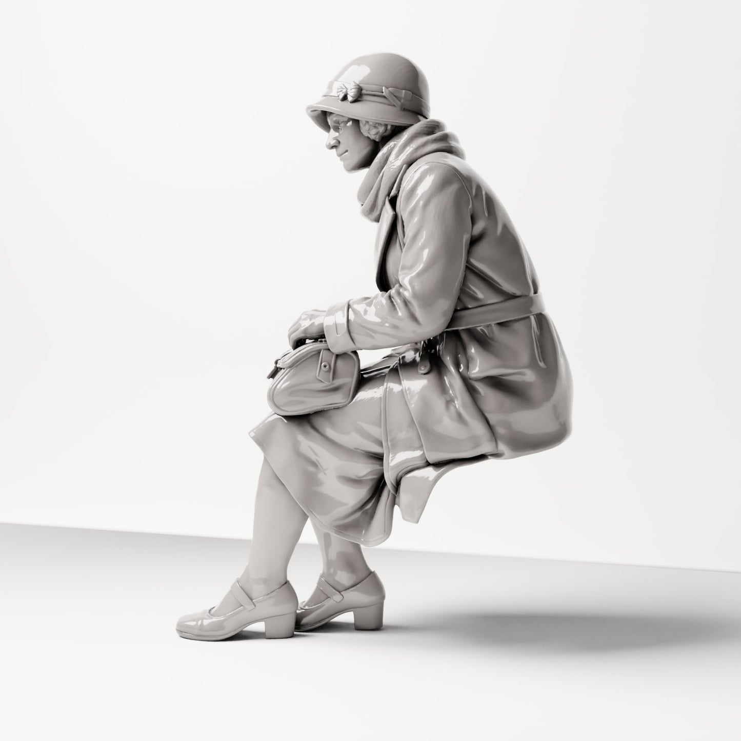 Diorama modelbouw productfoto 1: Zittende figuur: Vrouw zittend op bankrand met handtas, jaren 1920-1930, Wachtkamer, Station (sc08)