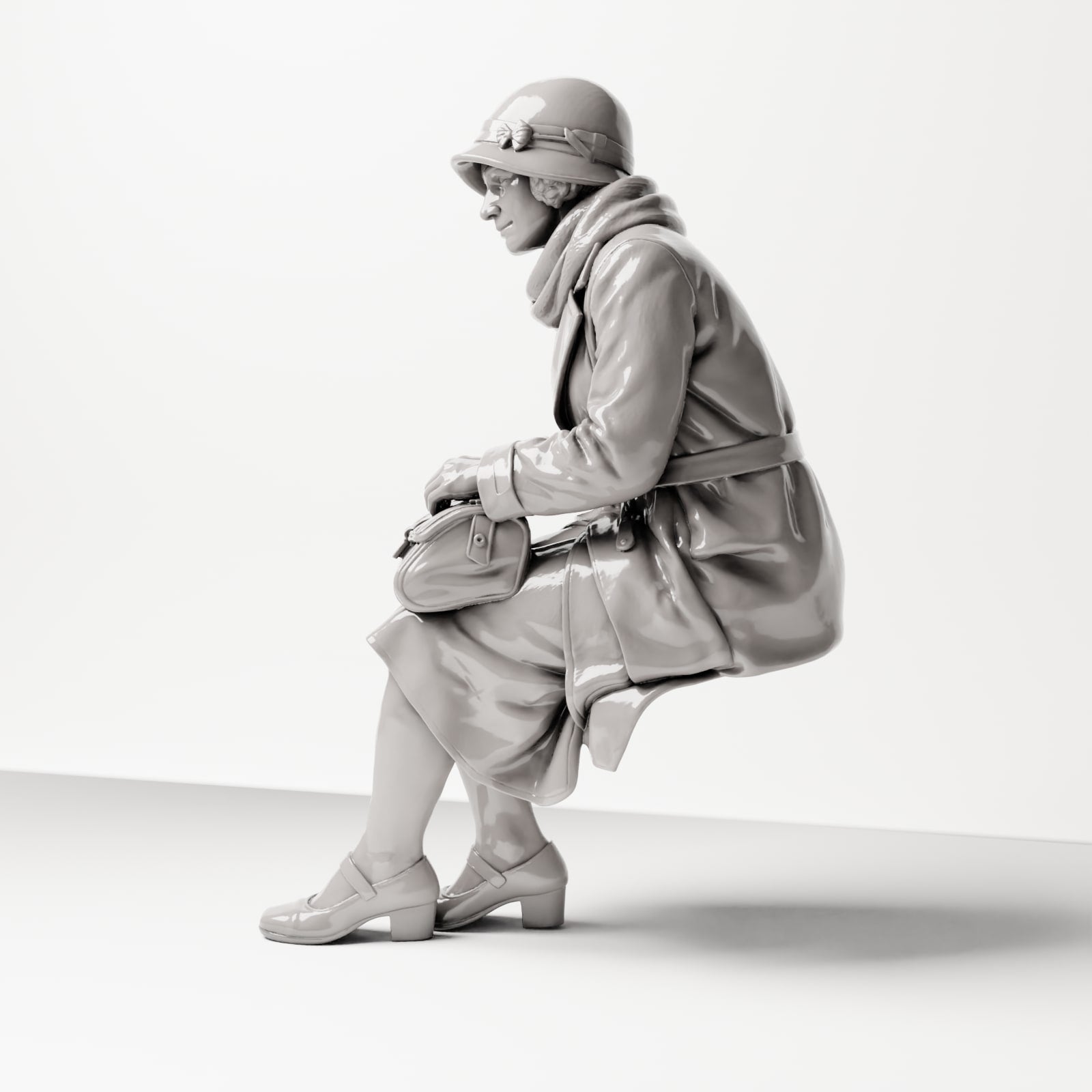 Diorama modelbouw productfoto 1: Zittende figuur: Vrouw zittend op bankrand met handtas, jaren 1920-1930, Wachtkamer, Station (sc08)