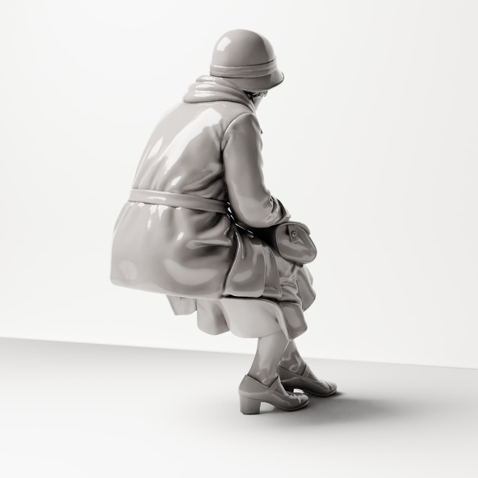 Diorama modelbouw productfoto 3: Zittende figuur: Vrouw zittend op bankrand met handtas, jaren 1920-1930, Wachtzaal, Station (sc08)