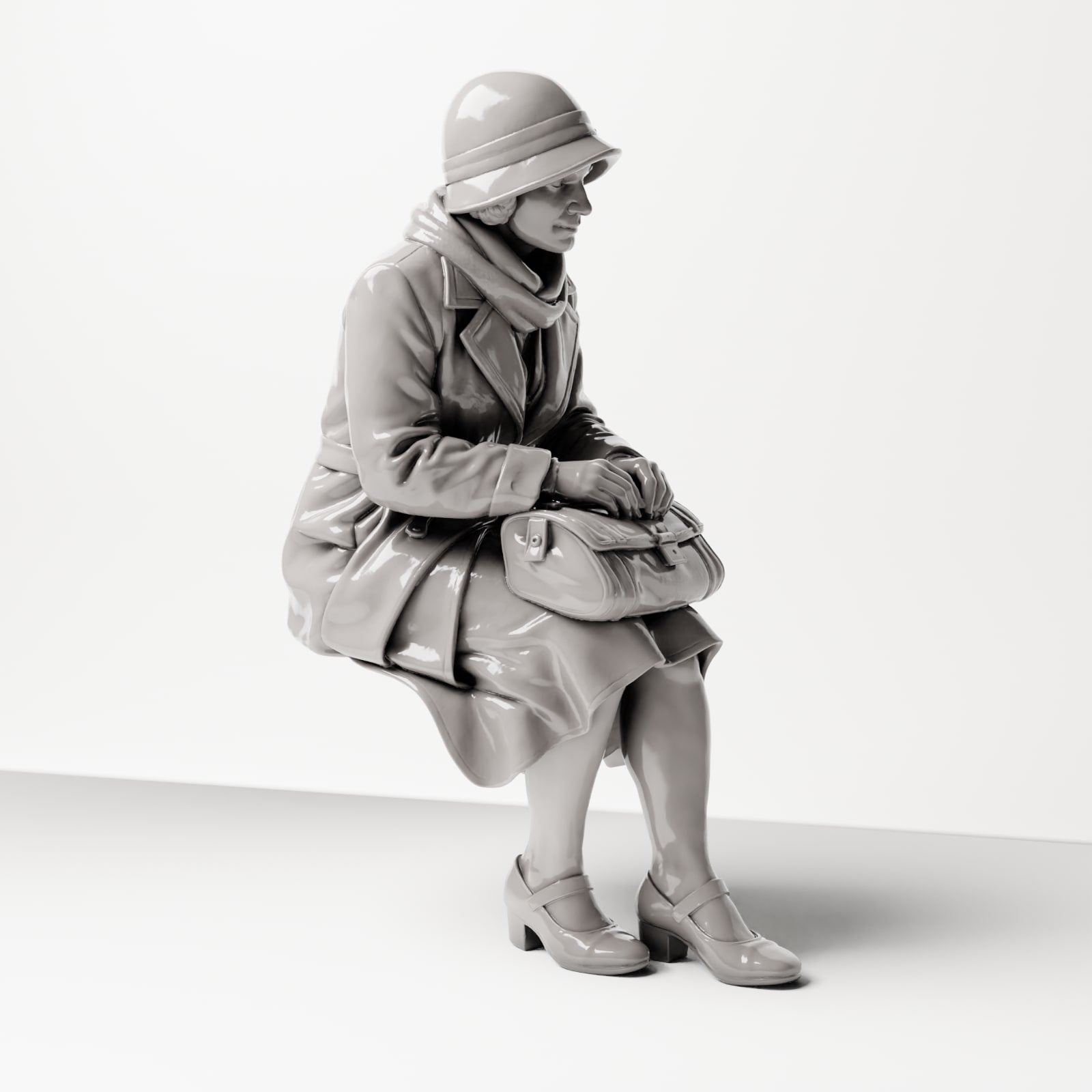 Diorama modelbouw productfoto 4: Zittende figuur: Vrouw zittend op bankrand met handtas, jaren 1920-1930, Wachtkamer, Station (sc08)