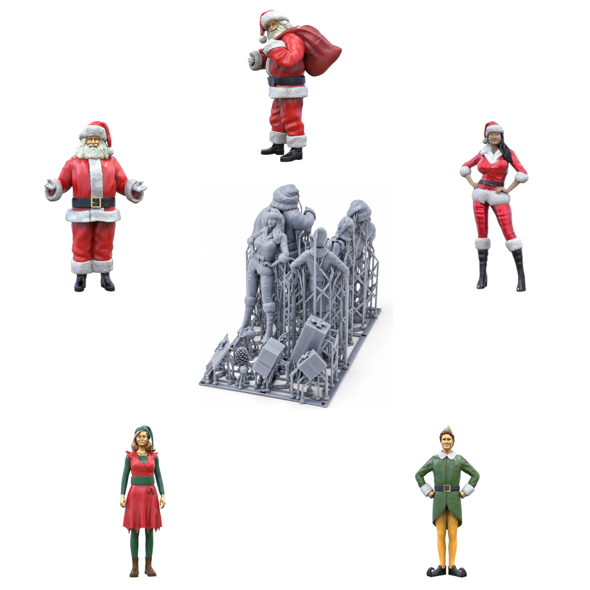 Productfoto 0: Kerstset, 5 figuren en 12 cadeaus, Kerstman en helper elfjes: Thema Kerstmis