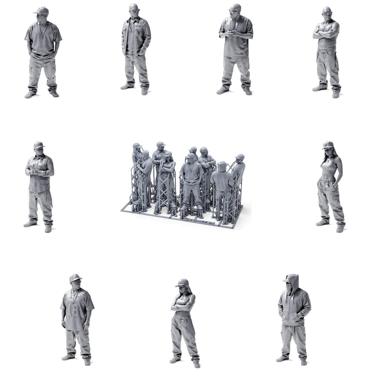 Hip-Hop, Urban en Streetwear - 9 onbeschilderde resinfiguren in open overzicht