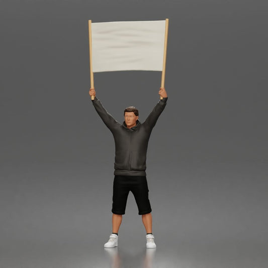 Diorama modelbouw productfoto 0: Staande figuur: demonstrant met leeg spandoek, hoodie & shorts (a178)