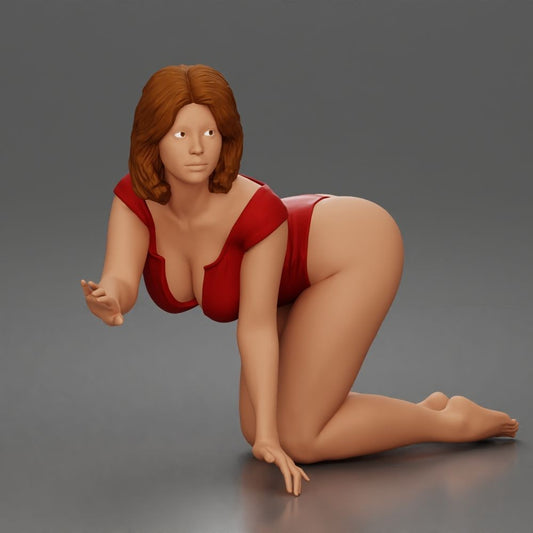 Diorama modelbouw productfoto 0: Knielende figuur: vrouw in bodysuit met voorovergebogen bovenlichaam en hand op de grond (a175)