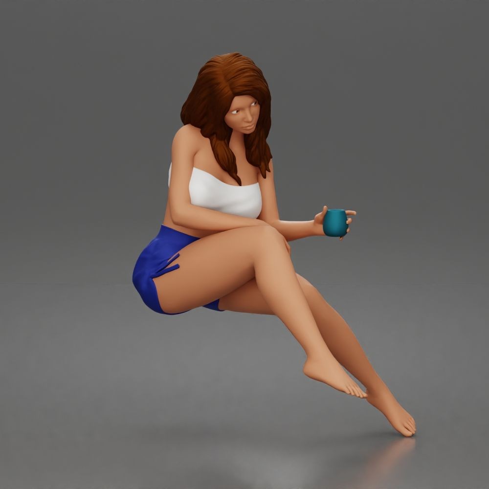 Diorama Modellbau Produktfoto 0: Kniende Figur: Frau mit trägerlosem Oberteil & kurzer Hose (a186)