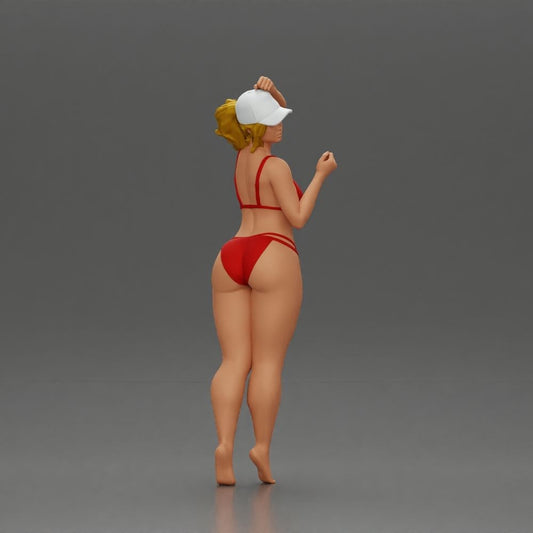 Diorama-modelbouw productfoto 0: Staande figuur: vrouw in bikini met pet en opgeheven arm (a160)