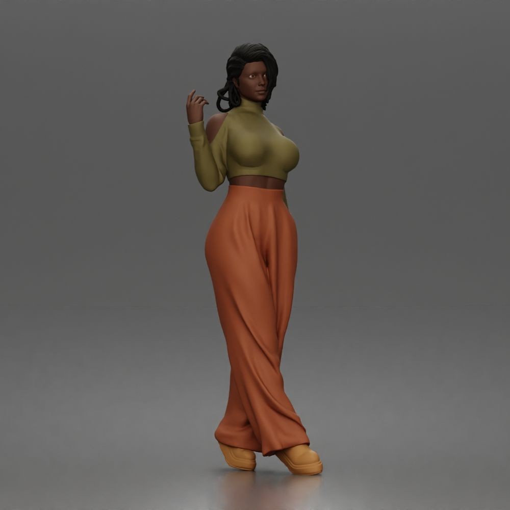 Diorama Modellbau Produktfoto 0: Stehende Figur: Frau mit bauchfreiem Rollkragenoberteil & weiter Hose (a167)