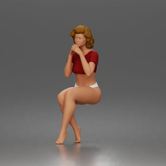 Diorama modelbouw productfoto 0: Zittende figuur: vrouw in crop-top met gevouwen handen onder de kin (a195)