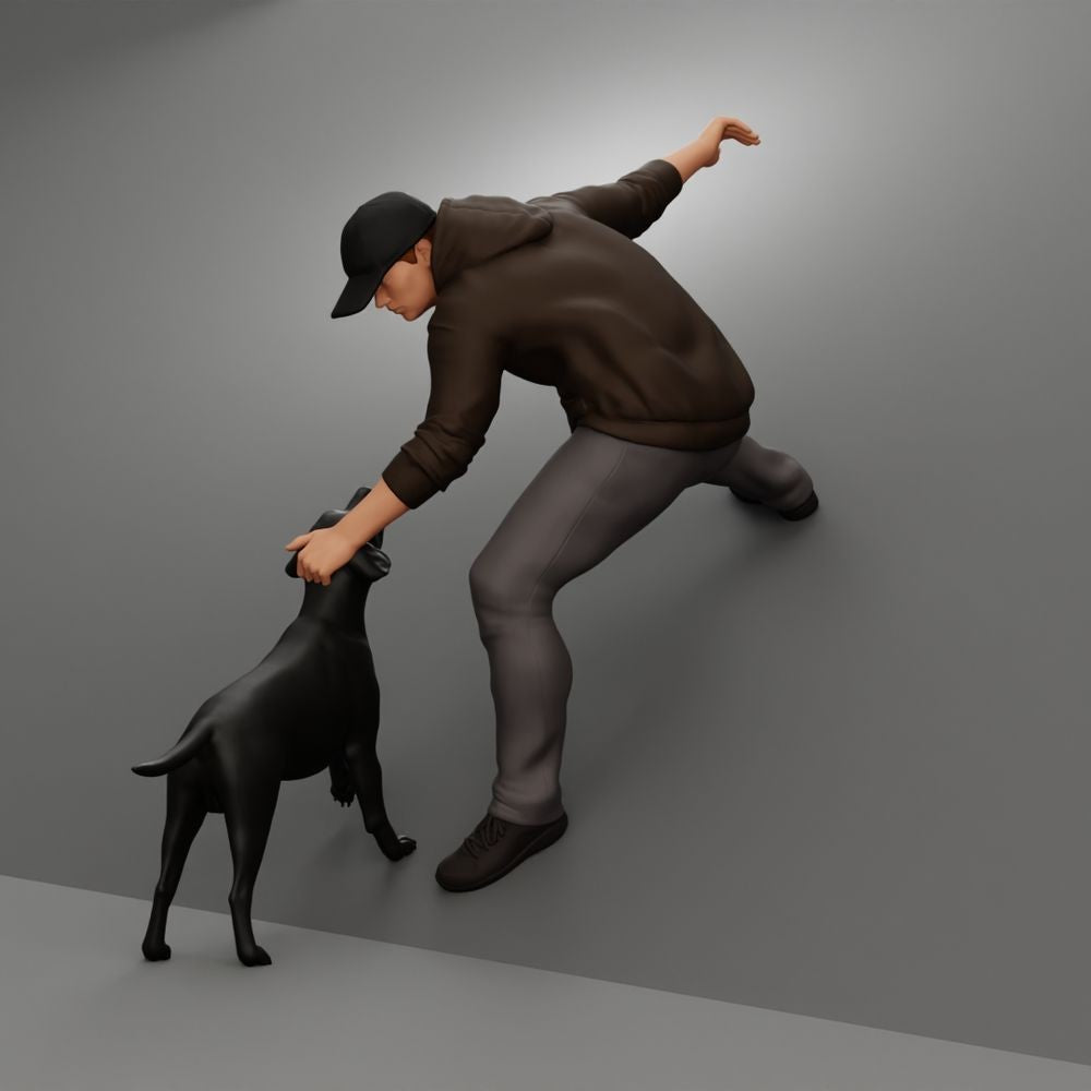 Diorama Modellbau Produktfoto 0: Diorama Figur: Springender Mann mit Kapuzenpullover rettet Hund (a200)