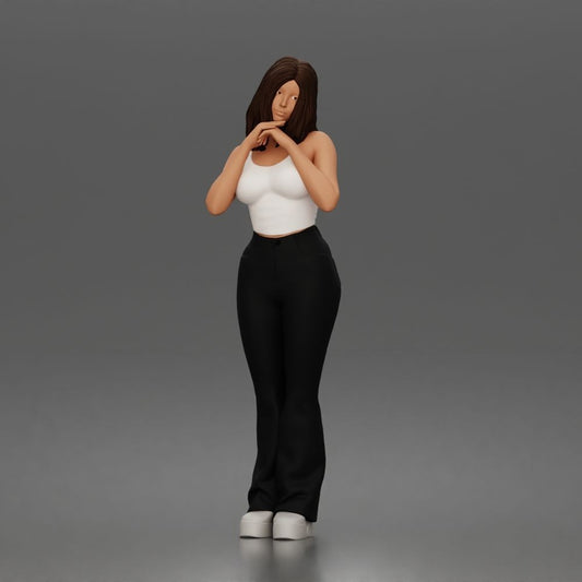 Diorama modelbouw productfoto 0: Staande figuur: vrouw met mouwloze top en broek, handen onder de kin (a187)