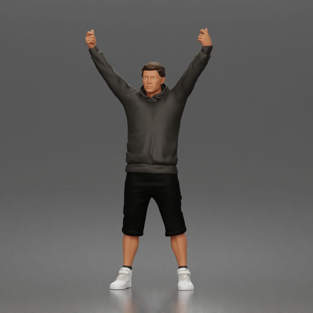 Diorama Modellbau Produktfoto 0: Stehende Figur: Demonstrant mit Banner, Kapuzenjacke, Shorts & Sportschuhen (a179)