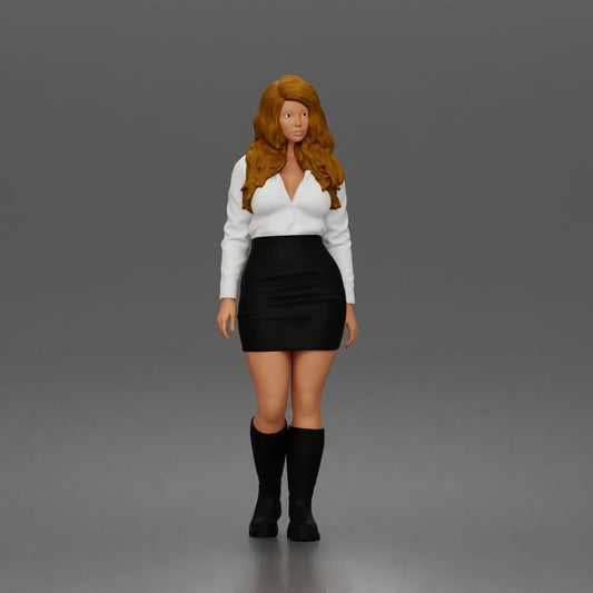 Diorama modelbouw productfoto 0: Staande figuur: vrouw met blouse, minirok & kniehoge laarzen (a197)