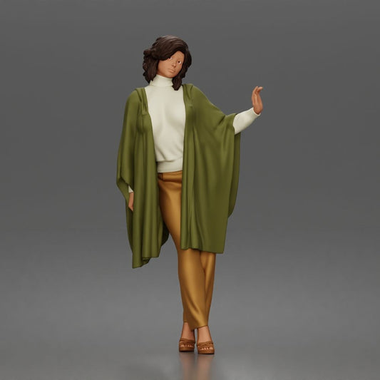 Diorama modelbouw productfoto 0: Staande figuur: vrouw met opgeheven hand, zwierige cape & plateauschoenen (a174)