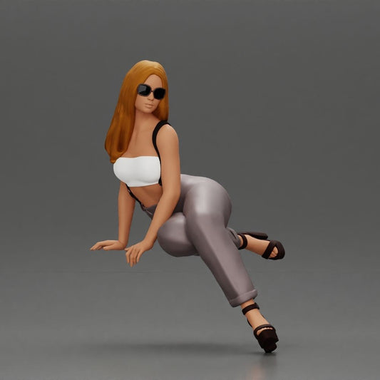 Diorama-modelbouw productfoto 0: Zittende figuur: vrouw met zonnebril, mouwloze top & sandalen met hak (a162)