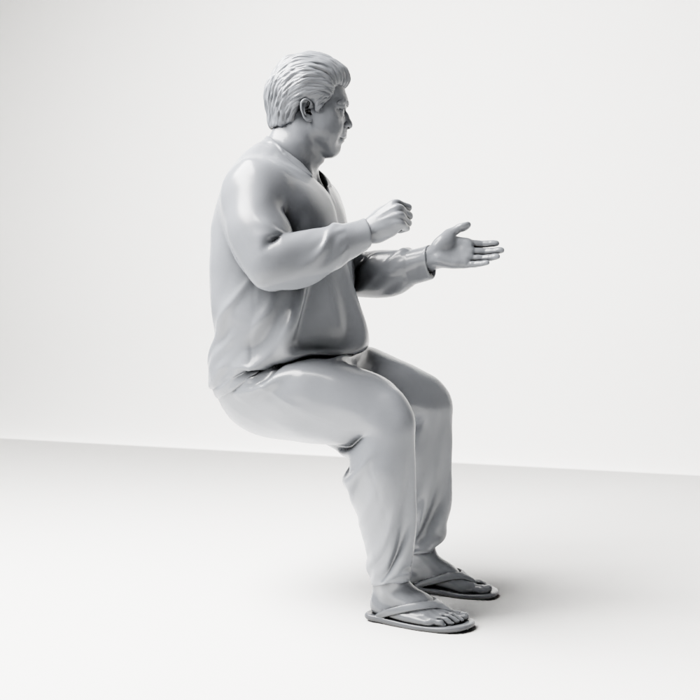 Diorama Modellbau Produktfoto 1: Sitzende Figur: Gestikulierender Mann mit Pullover, Hose & Flip-Flops (a165)