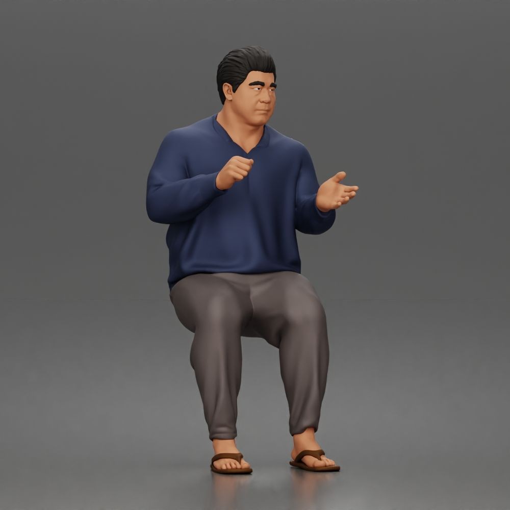 Diorama Modellbau Produktfoto 2: Sitzende Figur: Gestikulierender Mann mit Pullover, Hose & Flip-Flops (a165)