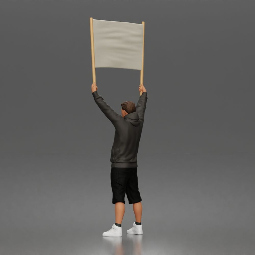 Diorama Modellbau Produktfoto 1: Stehende Figur: Demonstrant mit leerem Banner, Kapuzenpullover & Shorts (a178)