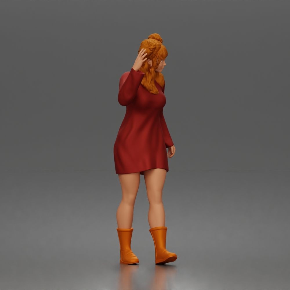 Diorama Modellbau Produktfoto 1: Stehende Figur: Winkende Frau ruft Taxi mit langärmeligem Kleid & Stiefeln (a204)